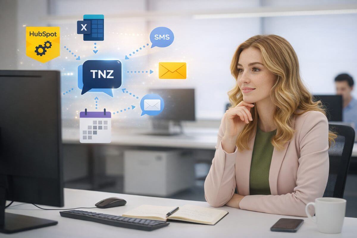 A business user with HubSpot, Excel, calendar, SMS and email connected through TNZ
