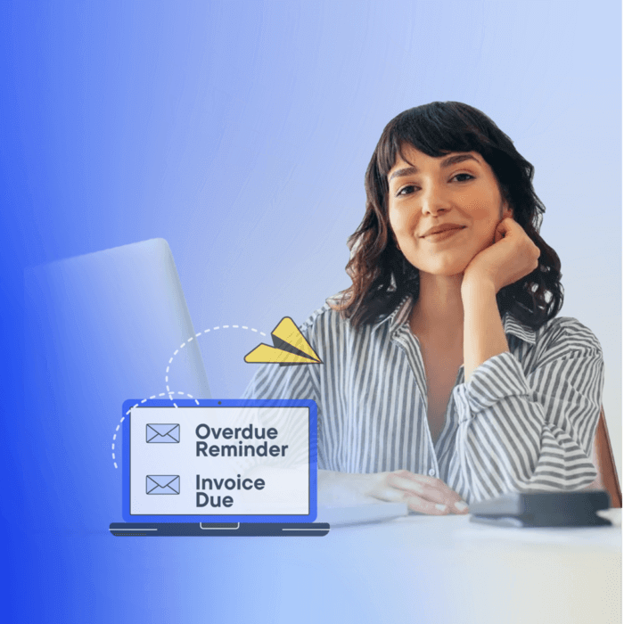 Illustration of invoice and overdue-reminder emails beside a laptop user.