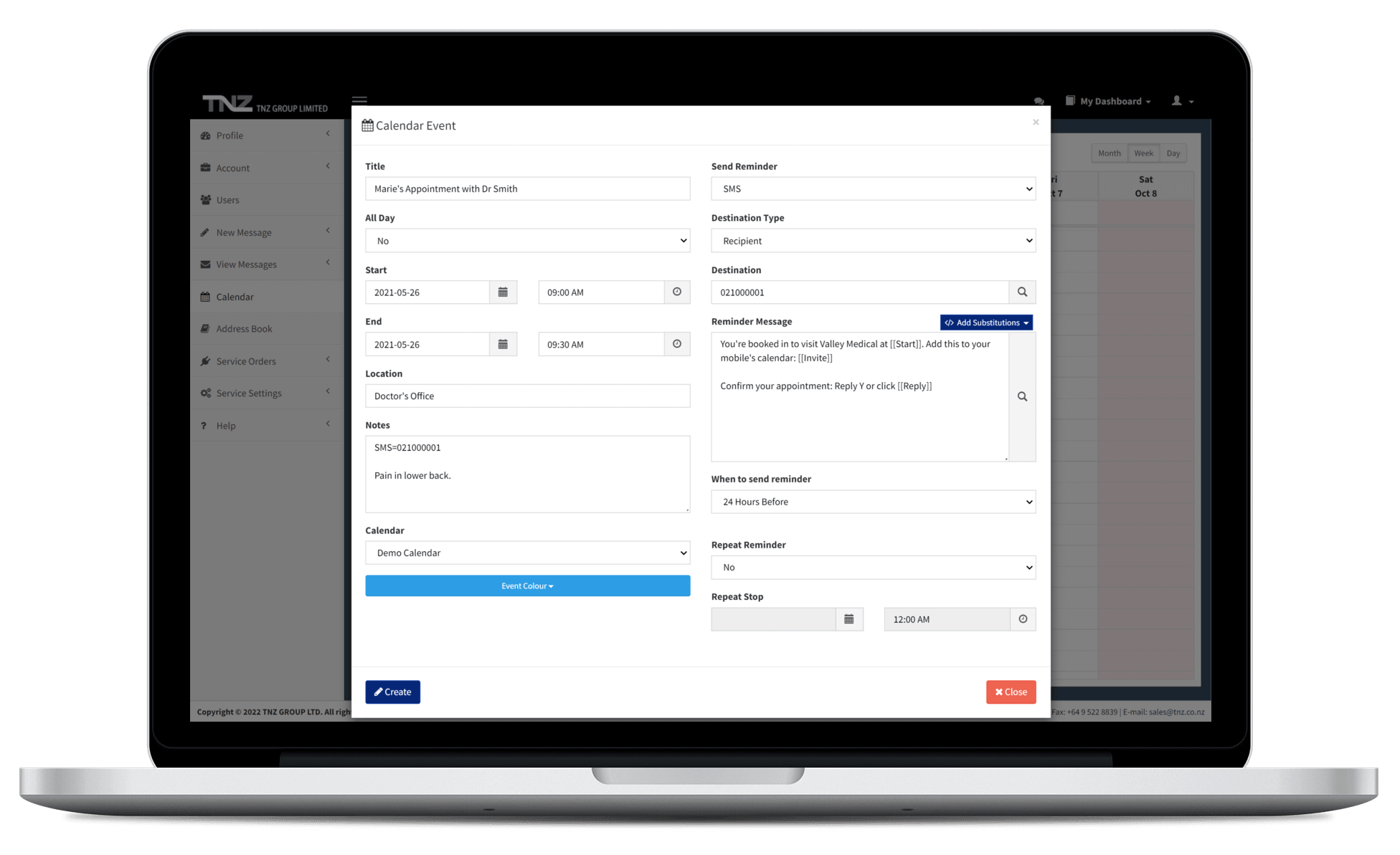 TNZ dashboard calendar event configured to send an automated SMS reminder
