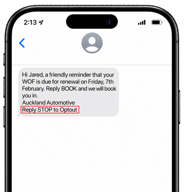 Retail SMS with the sender name and Reply STOP to Optout instruction highlighted.