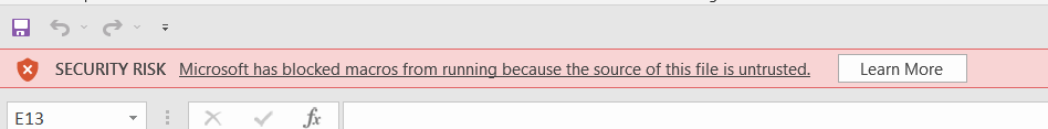 Excel security notice in the sample workbook