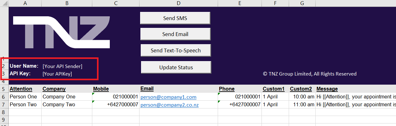 Sender and APIKey credential cells B2 and B3 highlighted in the sample workbook